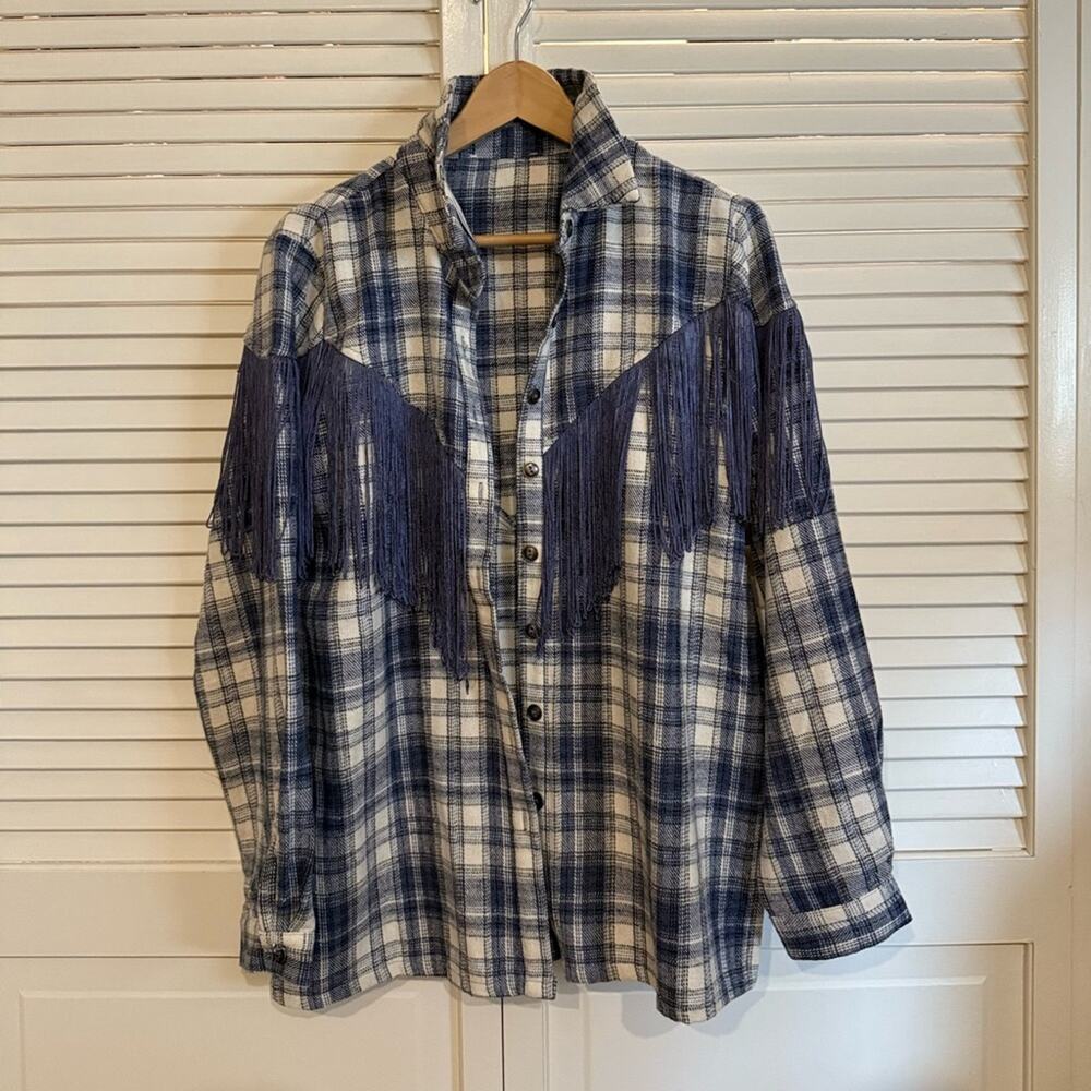 OOAK Western Plaid and Tassel Button Down Shirt Shacket - Picture 3 of 5